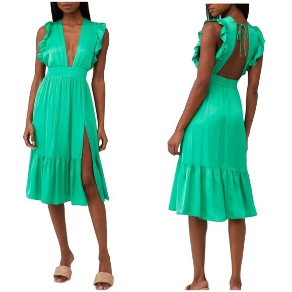 Stillwater Dress Jessie Midi Ruffle Plunge Neck Slit Sleeveless Summer Green M - Picture 1 of 9